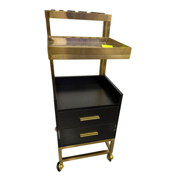 Carrito de Salón Negro y Dorado con Soporte para Herramientas