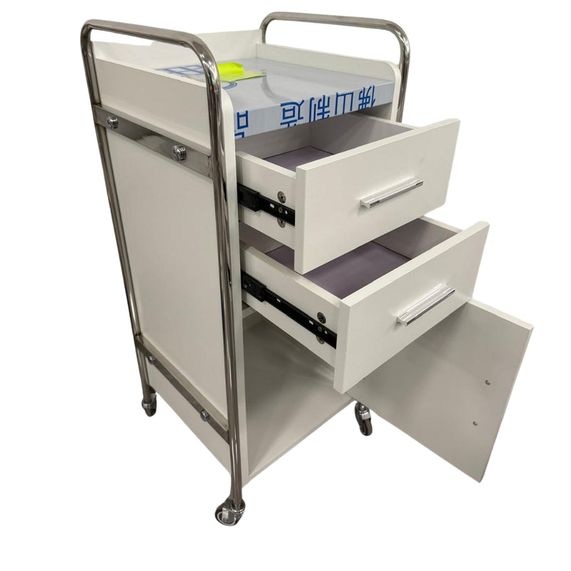 Carrito de Servicio Blanco para Barbería/Salón con Marco Cromado y 2 Cajones - 87×37×36 cm