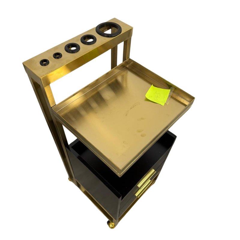 Carrito de Salón Negro y Dorado con Soporte para Herramientas