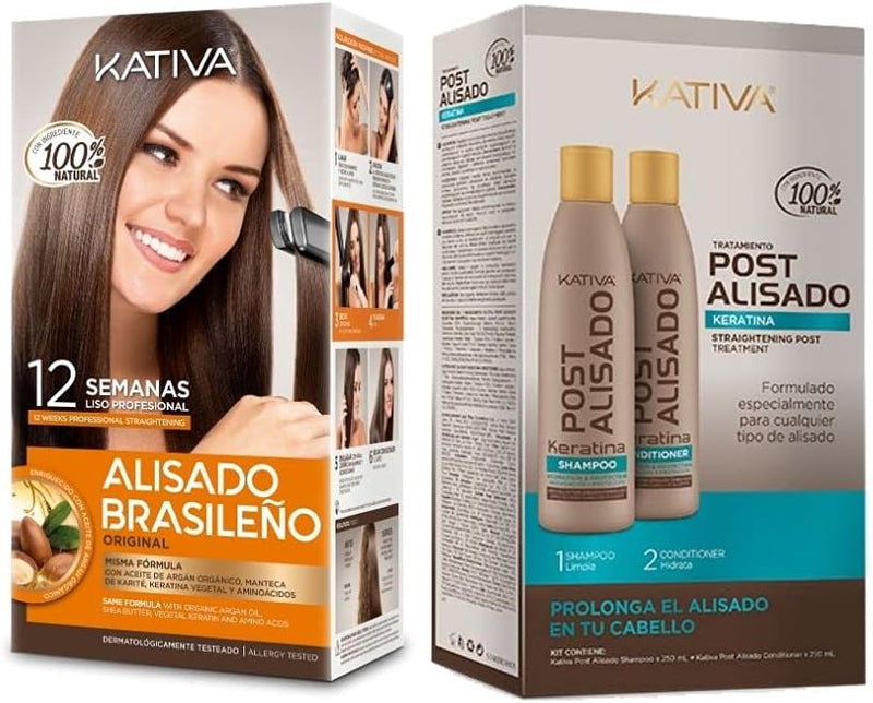 Kativa Kit Alisado Brasileño + Post Alisado (Champú, Acondicionador y Mascarilla)