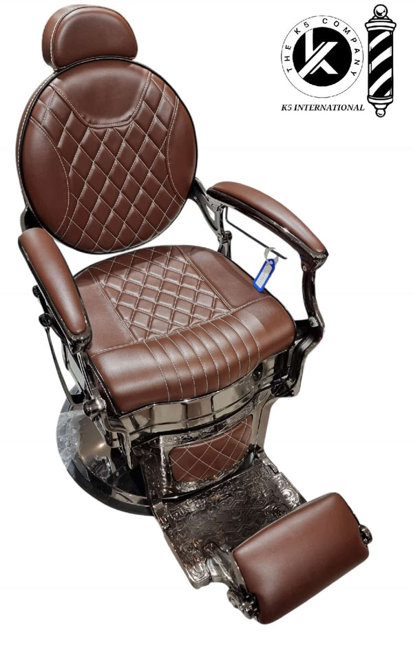 Sillón de Barbero Clásico de Lujo – Estructura Metálica Cromada y Tapizado en Cuero Marrón por