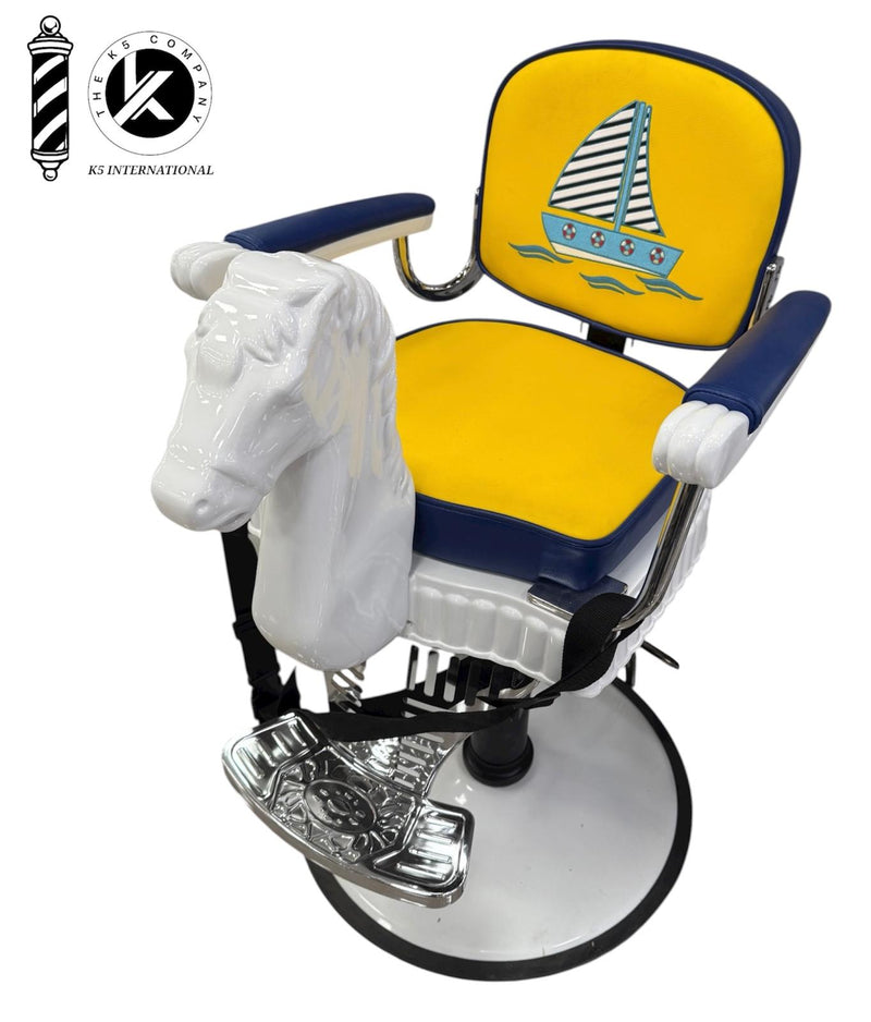 Silla de Peluquería Infantil de Lujo – Diseño de Caballo con Bordado de Velero