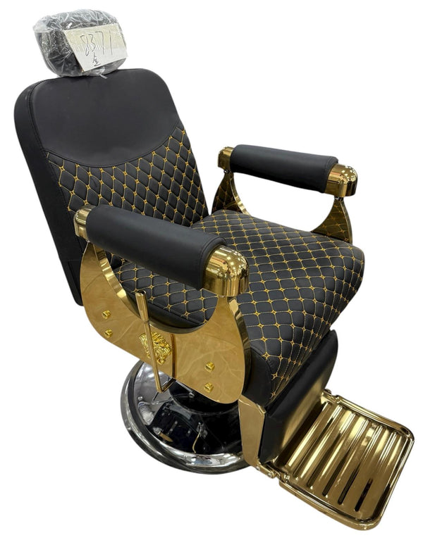 Silla de Barbero de Lujo en Negro y Dorado con Costura de Diamante – K5 International