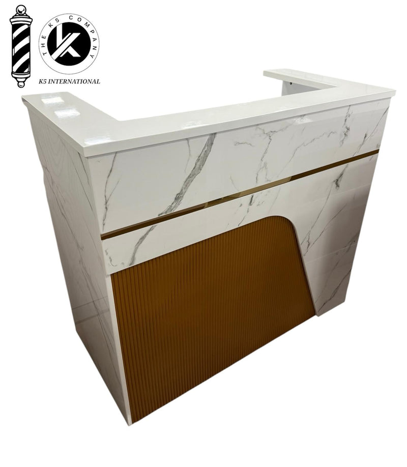 Mostrador de Recepción para Barbería – Diseño Moderno Mármol y Dorado