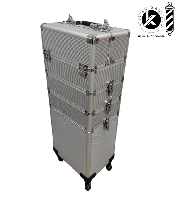 Trolley de Maquillaje Profesional con Ruedas – Maleta Plateada de Aluminio (83×33×24 cm)