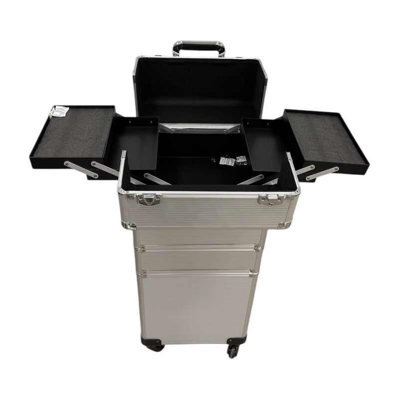 Trolley de Maquillaje Profesional con Ruedas – Maleta Plateada de Aluminio (83×33×24 cm)