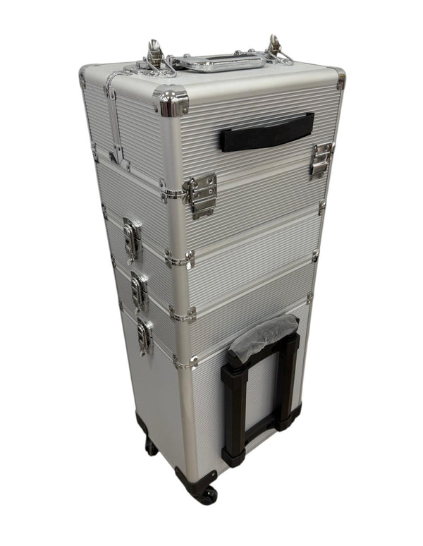 Trolley de Maquillaje Profesional con Ruedas – Maleta Plateada de Aluminio (83×33×24 cm)