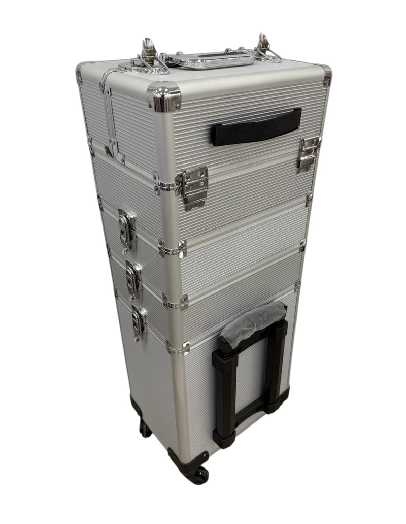 Trolley de Maquillaje Profesional con Ruedas – Maleta Plateada de Aluminio (83×33×24 cm)