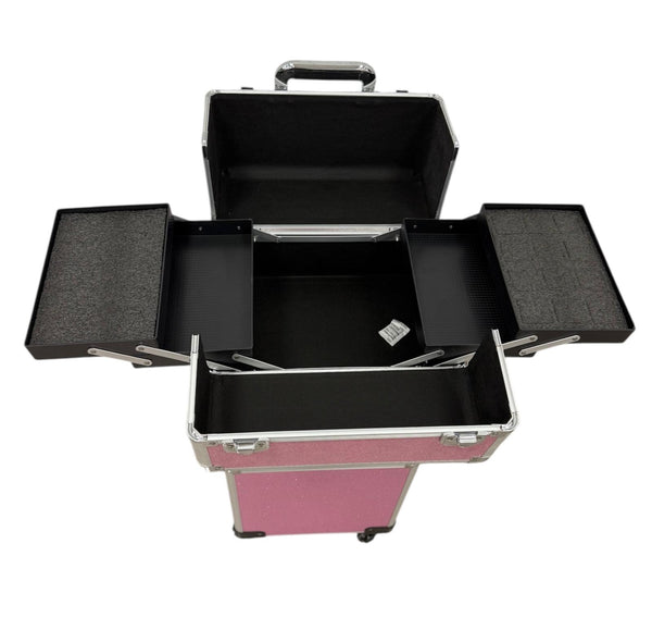 Maleta de Maquillaje Profesional con Ruedas – Estuche Rosa de Aluminio (83×33×24 cm)
