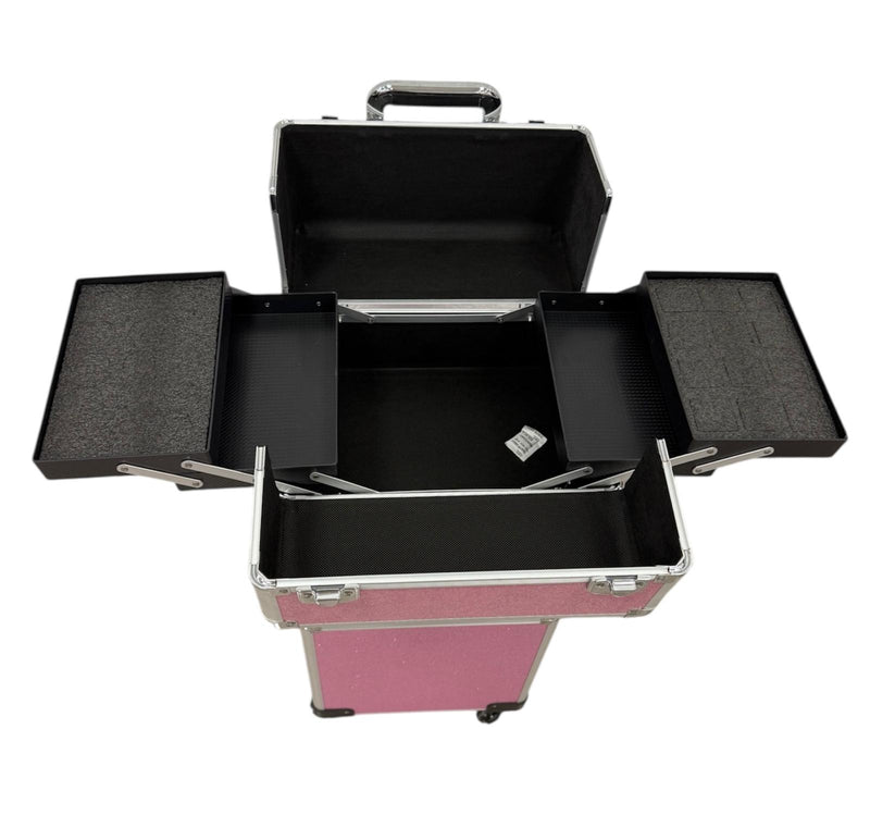 Maleta de Maquillaje Profesional con Ruedas – Estuche Rosa de Aluminio (83×33×24 cm)