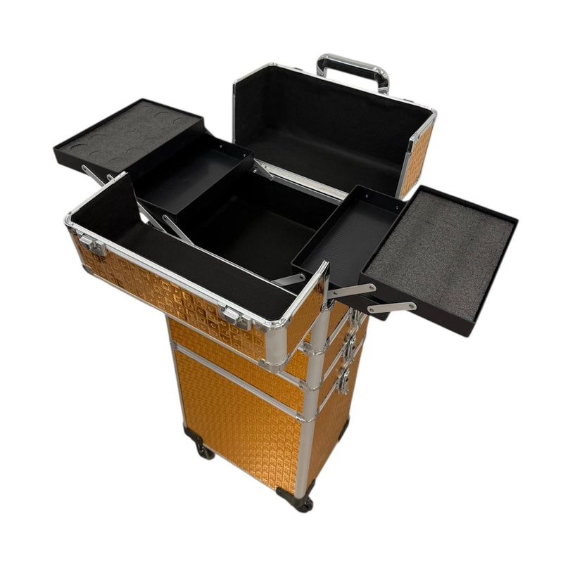 Trolley de Maquillaje Profesional con Ruedas – Maleta Amarilla de Aluminio (83×33×24 cm)